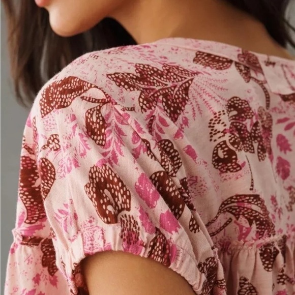 Anthropologie Pilcro Top Pink Combo Floral Ruched Henley Tee Size L - Picture 3 of 14